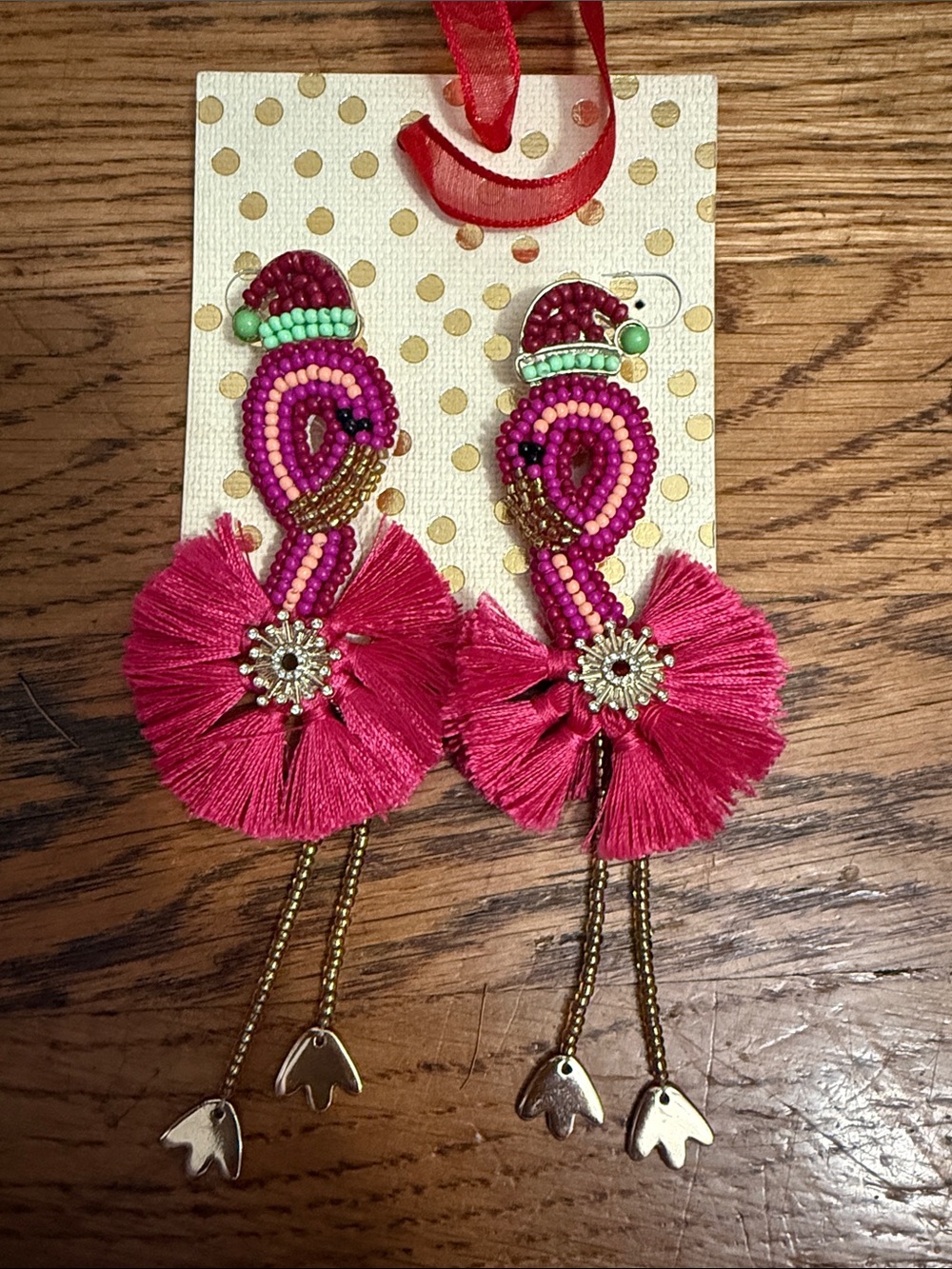 Kohl's Hot Pink Beaded Tassel pink flamingo Santa Drop Earrings